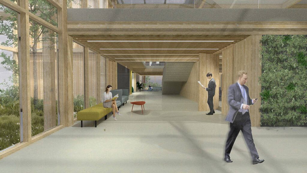 projekt biurowca drewnianego ambient - korytarz w środku
